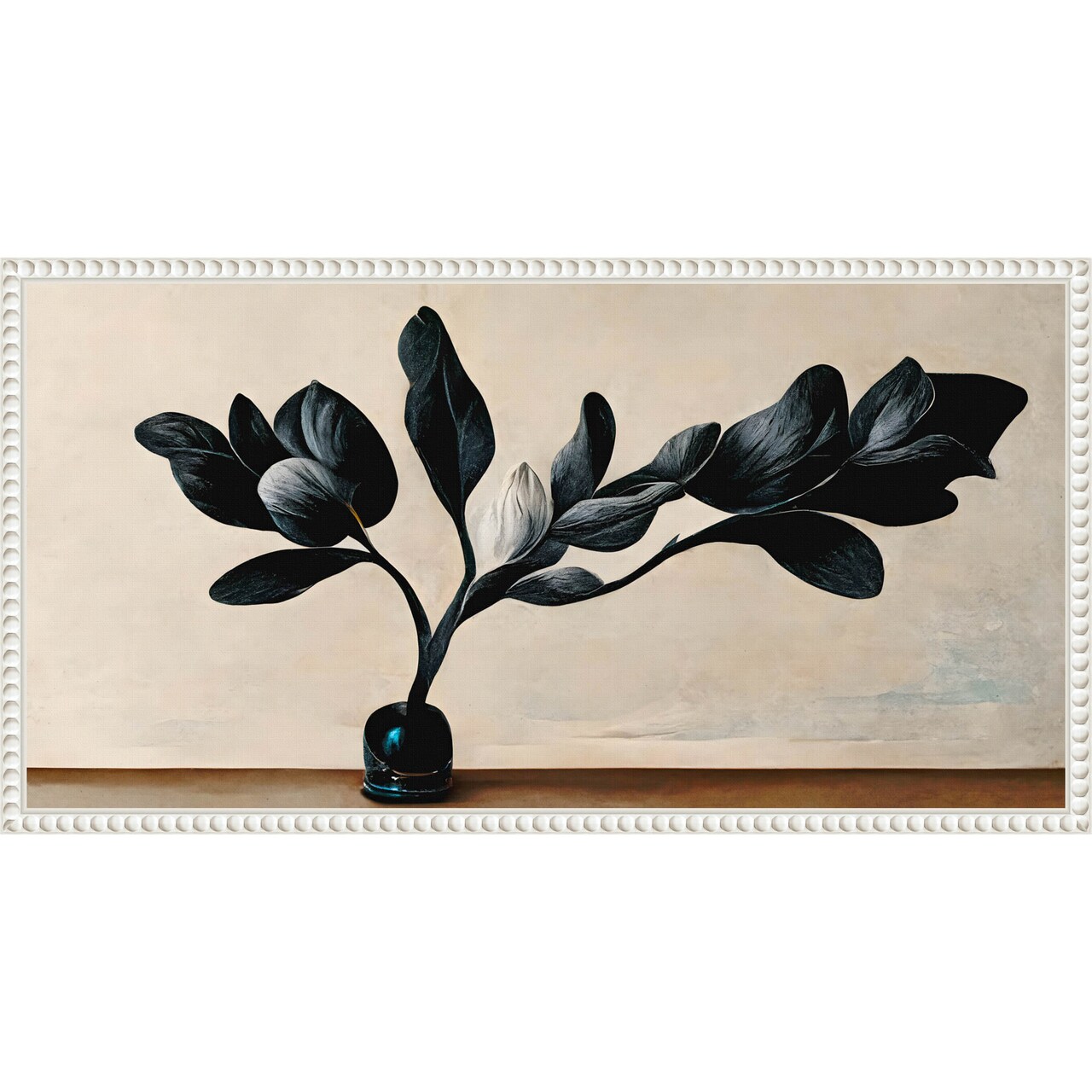 Black Magnolia by Treechild 27-in. W x 14-in. H. Canvas Wall Art Print Framed in White
